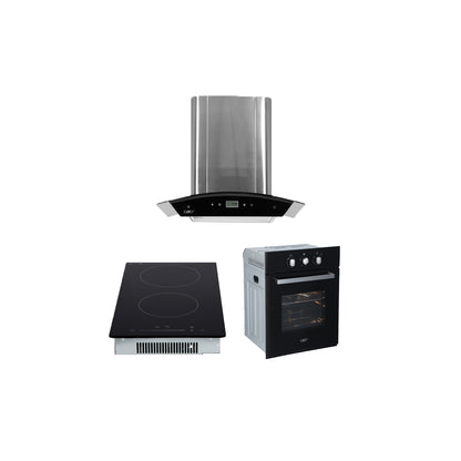 Campana de cocina de pared digital cristal curvo 60cm Marex Plus + Parrilla eléctrica de inducción 2 quemadores 30cm Kirk + Horno eléctrico empotrable 60L 127V e-Motrix cristal