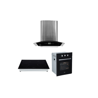 Campana de cocina de pared digital cristal curvo 60cm Marex Plus + Parrilla eléctrica de inducción 4 quemadores 60cm Kepler + Horno eléctrico empotrable 60L 127V e-Motrix cristal