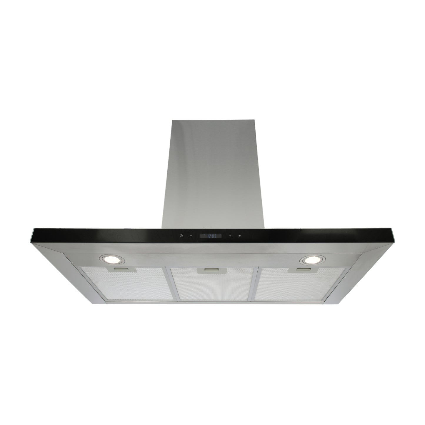 Campana de cocina de pared tipo T acero inoxidable 90cm Temax + Parrilla electrica de inducción 5 quemadores 75cm Kelvin + Horno eléctrico empotrable 60cm E-Motrix de cristal