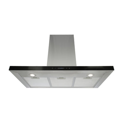 Campana de cocina de pared tipo T acero inoxidable 90cm Temax + Parrilla electrica de inducción 5 quemadores 75cm Kelvin + Horno eléctrico empotrable 60cm E-Motrix de cristal