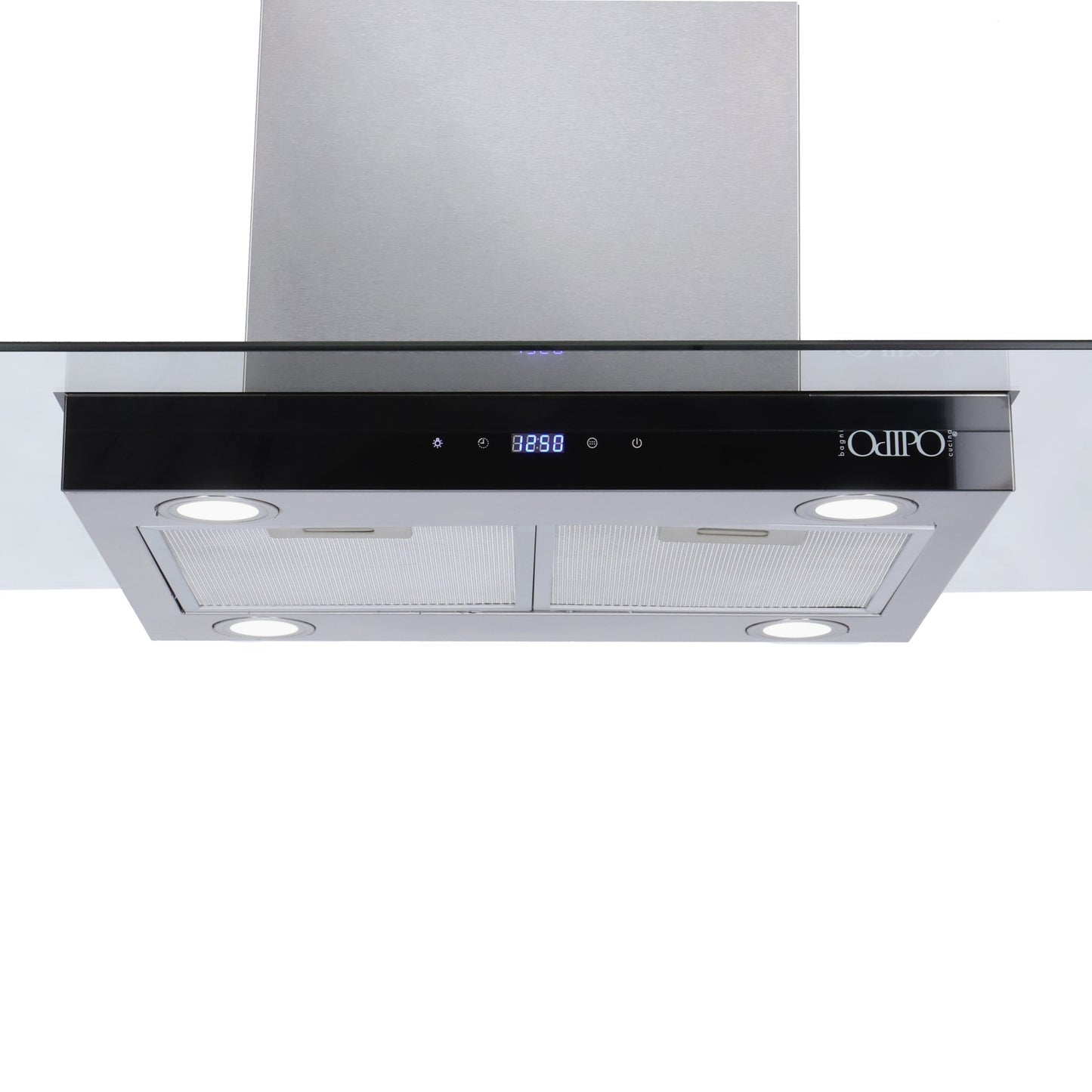 Campana de cocina de isla cristal templado recto 90cm Fordex + Parrilla electrica de inducción 5 quemadores Kelvin + Horno eléctrico empotrable de acero 127V E-MOTRIX