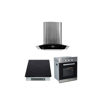 Campana de cocina de pared digital cristal curvo 60cm Marex Plus + Parrilla eléctrica de inducción 2 quemadores 30cm Kirk + Horno eléctrico empotrable 60L 127V e-Motrix acero