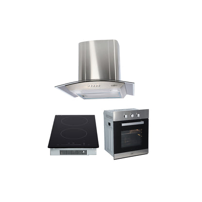Campana de cocina de pared cristal curvo 60cm Marex + Parrilla eléctrica de inducción 2 quemadores 30cm Kirk + Horno eléctrico empotrable 60L 127V e-Motrix acero