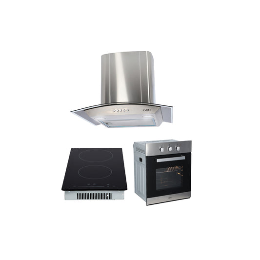Campana de cocina de pared cristal curvo 60cm Marex + Parrilla eléctrica de inducción 2 quemadores 30cm Kirk + Horno eléctrico empotrable 60L 127V e-Motrix acero