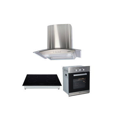 Campana de cocina de pared acero inoxidable 60cm Marex + Parrilla electrica de inducción 4 quemadores Kepler + Horno eléctrico empotrable de acero 60L E-MOTRIX