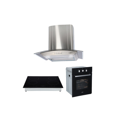 Campana de cocina de pared acero inoxidable 60cm Marex + Parrilla electrica de inducción 4 quemadores Kepler + Horno eléctrico empotrable de cristal 60L E-MOTRIX