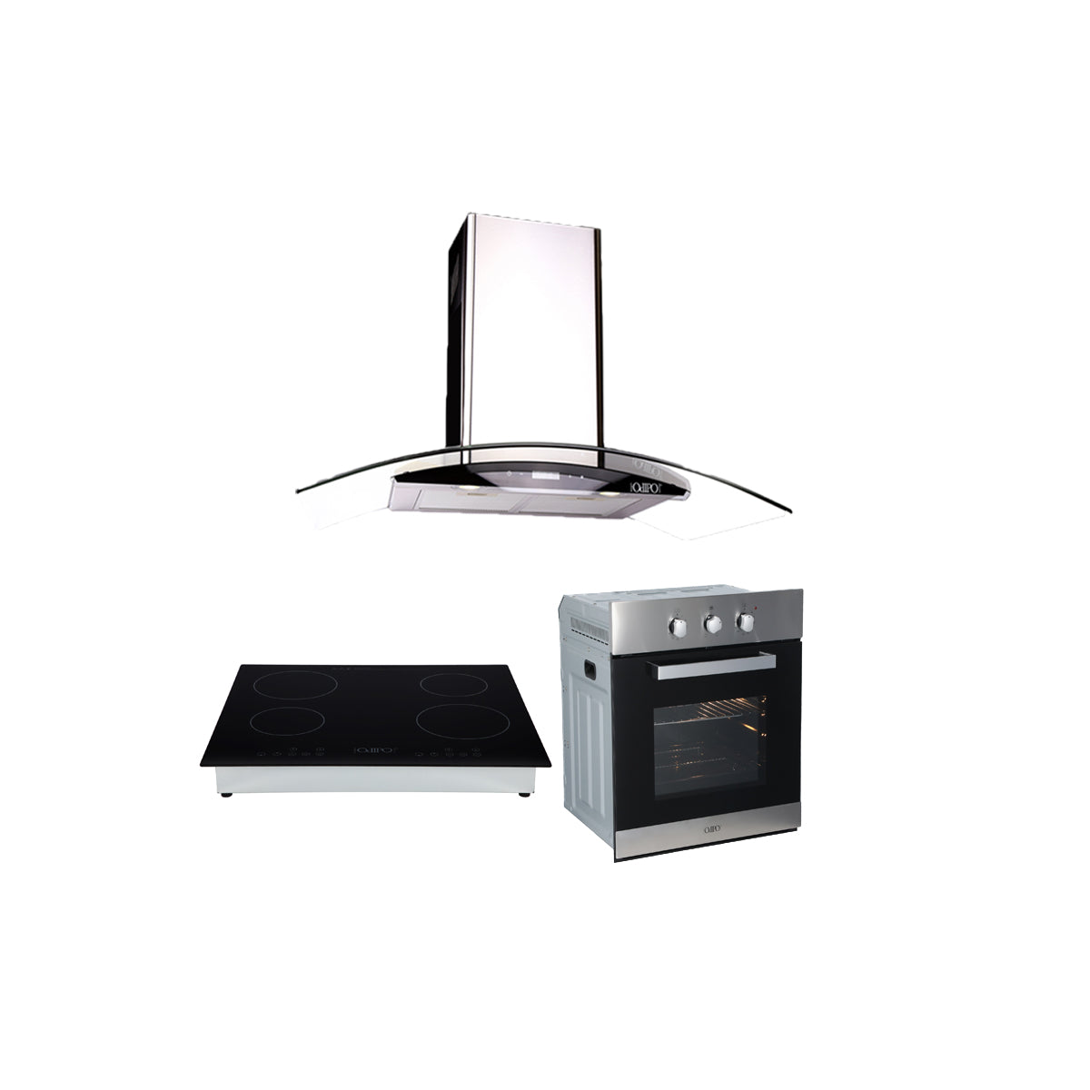 Campana de cocina de pared digital de acero inoxidable 85cm Matrix + Parrilla eléctrica de inducción 4 quemadores Kepler + Horno eléctrico empotrable de acero 60L  E-MOTRIX