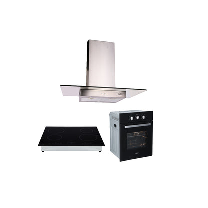 Campana de cocina de pared cristal recto 90cm Telux + Parrilla eléctrica de inducción 4 quemadores 60cm Kepler + Horno eléctrico empotrable 60L 127V e-Motrix cristal