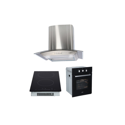 Campana de cocina de pared cristal curvo 60cm Marex + Parrilla eléctrica de inducción 2 quemadores 30cm Kirk + Horno eléctrico empotrable 60L 127V e-Motrix cristal