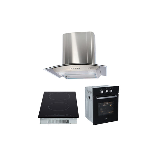 Campana de cocina de pared cristal curvo 60cm Marex + Parrilla eléctrica de inducción 2 quemadores 30cm Kirk + Horno eléctrico empotrable 60L 127V e-Motrix cristal