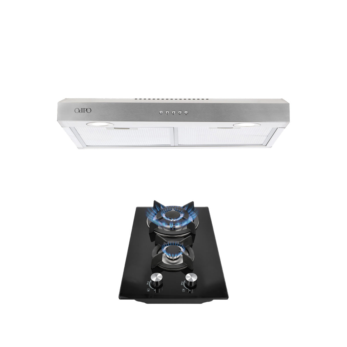 Campana de cocina acero inoxidable 50cm Thory + Parrilla de gas 2 quemadores cristal 32cm Cetus