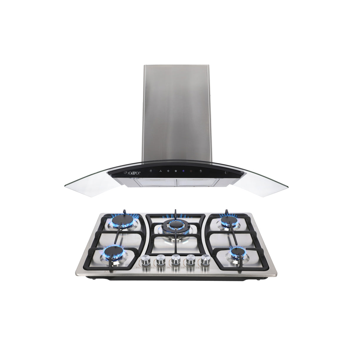 Campana de cocina de pared digital cristal curvo 85cm Matrix + Parrilla de gas 5 quemadores acero inoxidable 76cm Vignus