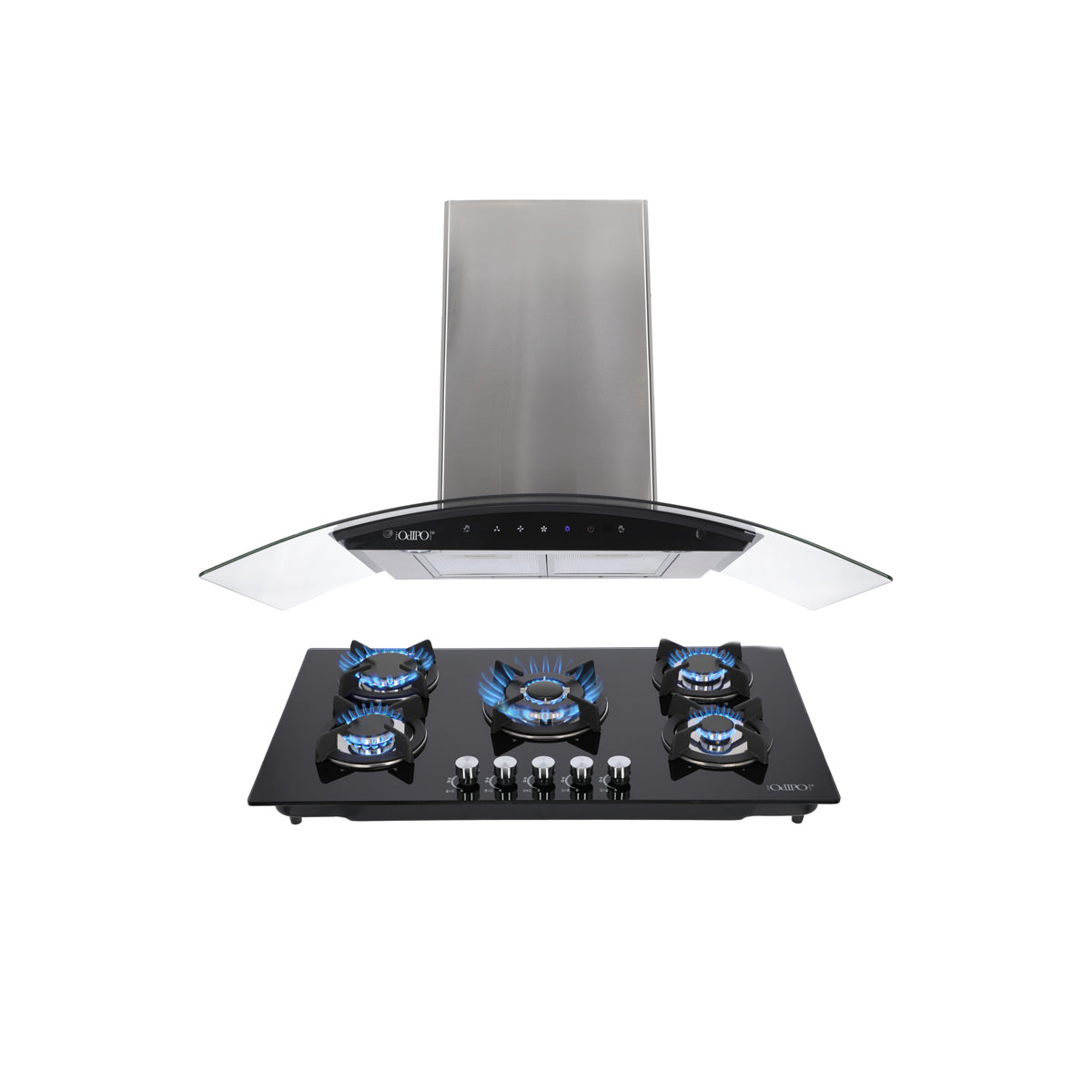 Campana de cocina de pared digital cristal curvo 85cm Matrix + Parrilla de gas 5 quemadores cristal 86cm Ceres