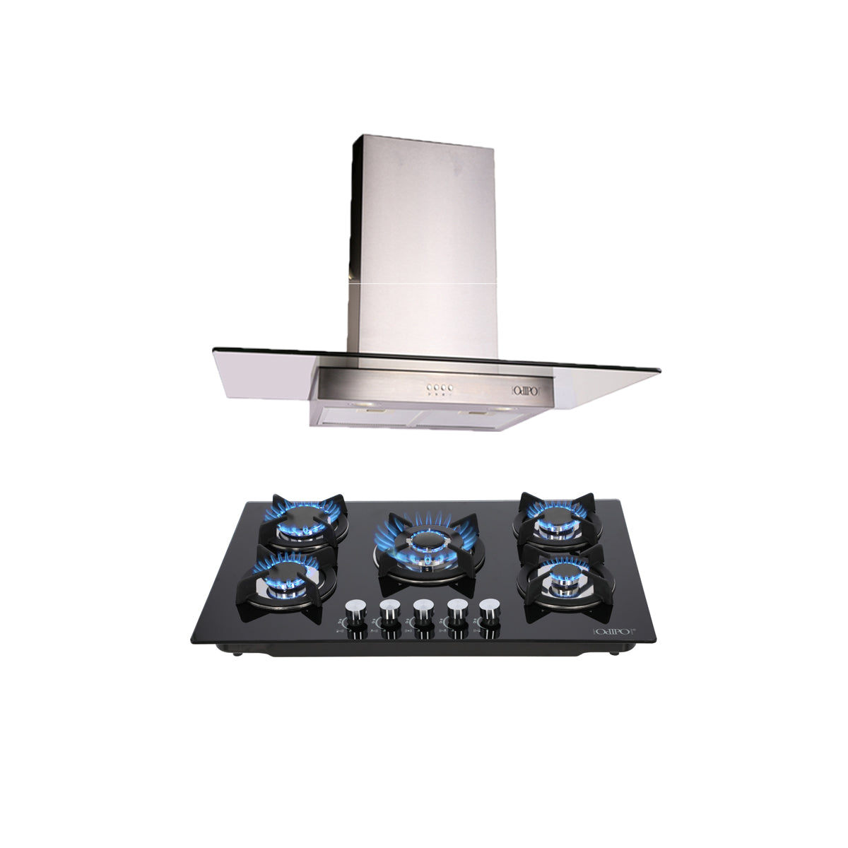 Campana de cocina de pared cristal recto 90cm Telux + Parrilla de gas 5 quemadores cristal 76cm Capella