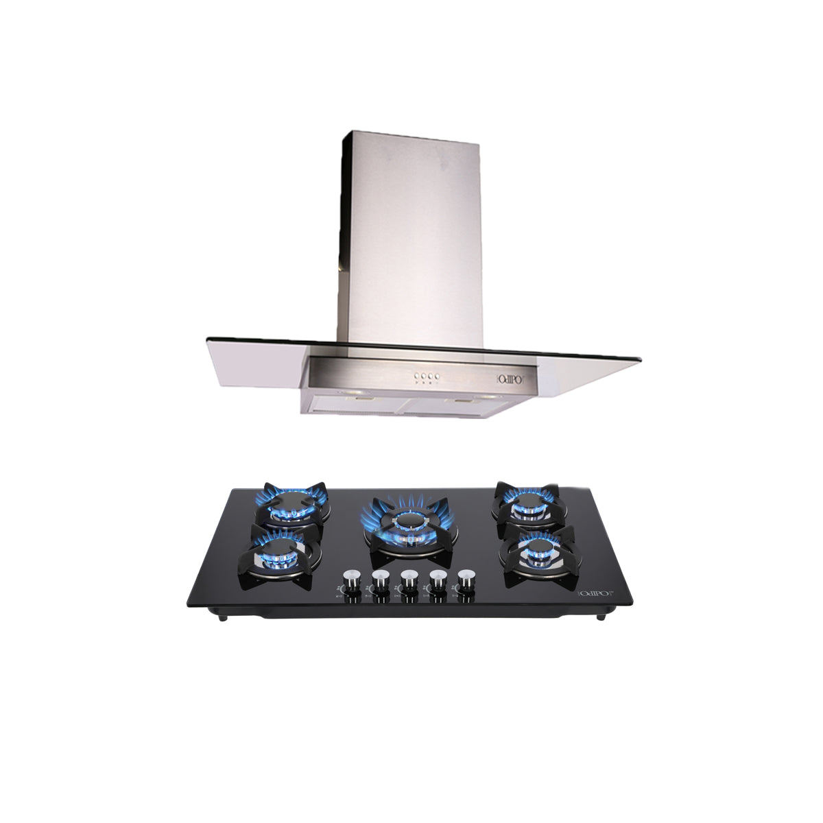 Campana de cocina de pared cristal recto 90cm Telux + Parrilla de gas 5 quemadores cristal 86cm Ceres