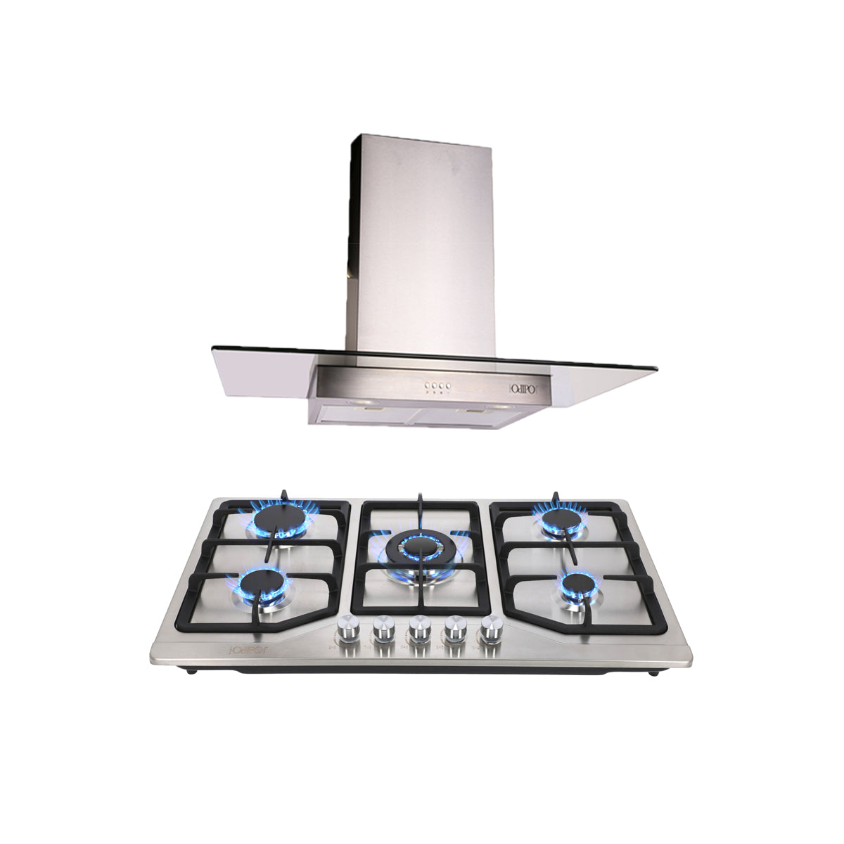 Campana de cocina de pared cristal recto 90cm Telux + Parrilla de gas 5 quemadores acero inoxidable 86cm Vesta