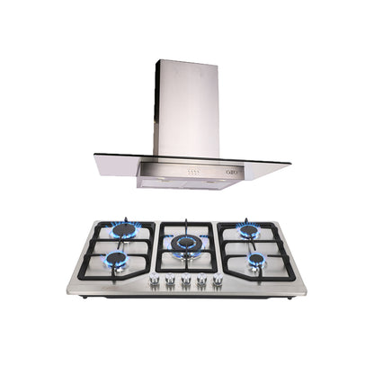 Campana de cocina de pared cristal recto 90cm Telux + Parrilla de gas 5 quemadores acero inoxidable 86cm Vesta