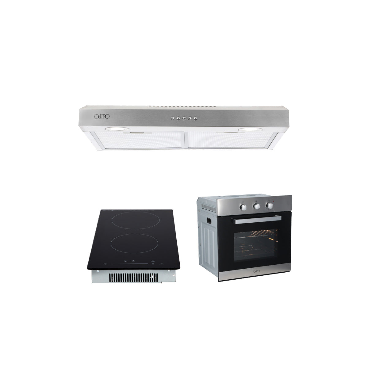Campana de cocina acero inoxidable 60cm Thory + Parrilla eléctrica de inducción 2 quemadores 30cm Kirk + Horno eléctrico empotrable 60L 127V e-Motrix acero