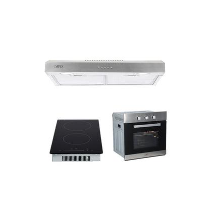 Campana de cocina acero inoxidable 60cm Thory + Parrilla eléctrica de inducción 2 quemadores 30cm Kirk + Horno eléctrico empotrable 60L 127V e-Motrix acero