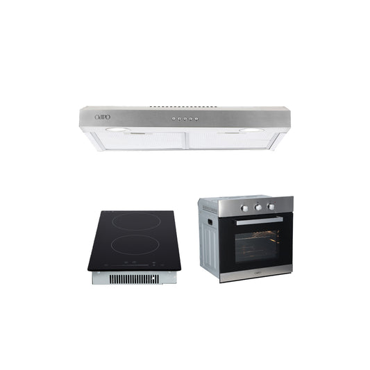 Campana de cocina acero inoxidable 60cm Thory + Parrilla eléctrica de inducción 2 quemadores 30cm Kirk + Horno eléctrico empotrable 60L 127V e-Motrix acero