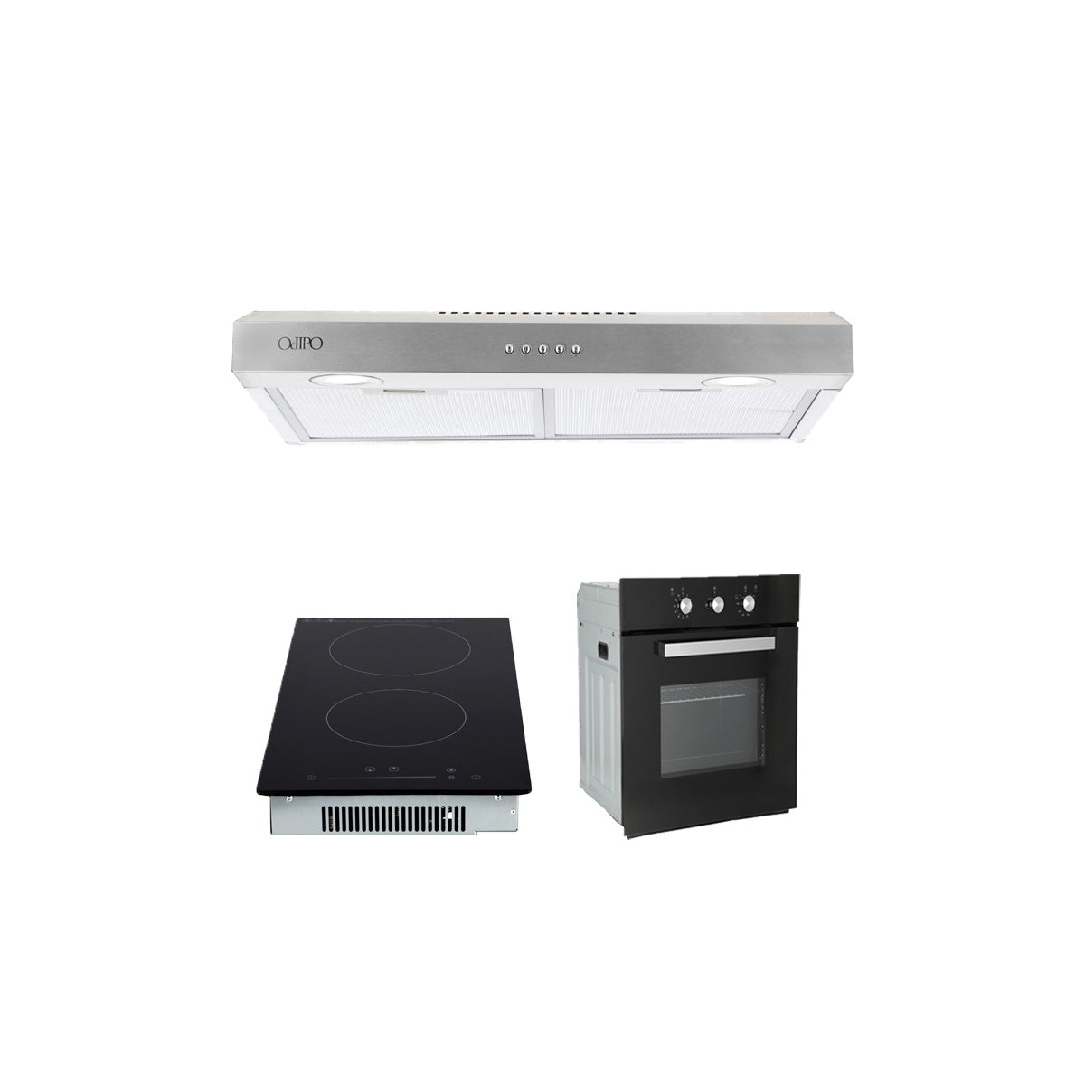 Campana de cocina acero inoxidable 60cm Thory + Parrilla eléctrica de inducción 2 quemadores 30cm Kirk + Horno eléctrico empotrable 60L 127V e-Motrix cristal