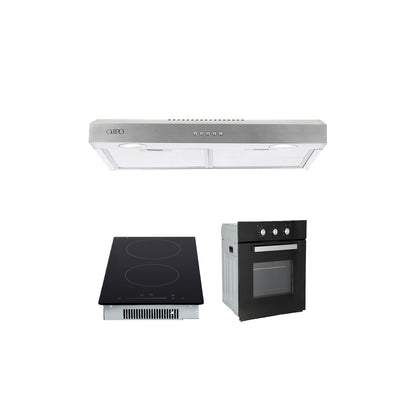Campana de cocina acero inoxidable 60cm Thory + Parrilla eléctrica de inducción 2 quemadores 30cm Kirk + Horno eléctrico empotrable 60L 127V e-Motrix cristal