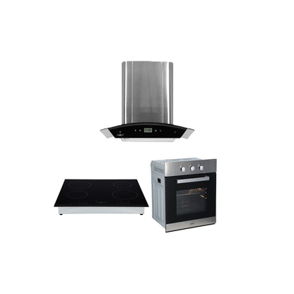 Campana de cocina de pared acero inoxidable 60cm Marex Plus + Parrilla inducción 4 quemadores Kepler + Horno eléctrico empotrable de acero 60L E-MOTRIX