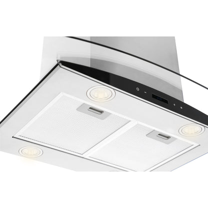 Campana de cocina de isla cristal templado curvo 90cm Ventex + Parrilla eléctrica de inducción 4 quemadores Kepler + Horno eléctrico empotrable de acero 60L E-MOTRIX