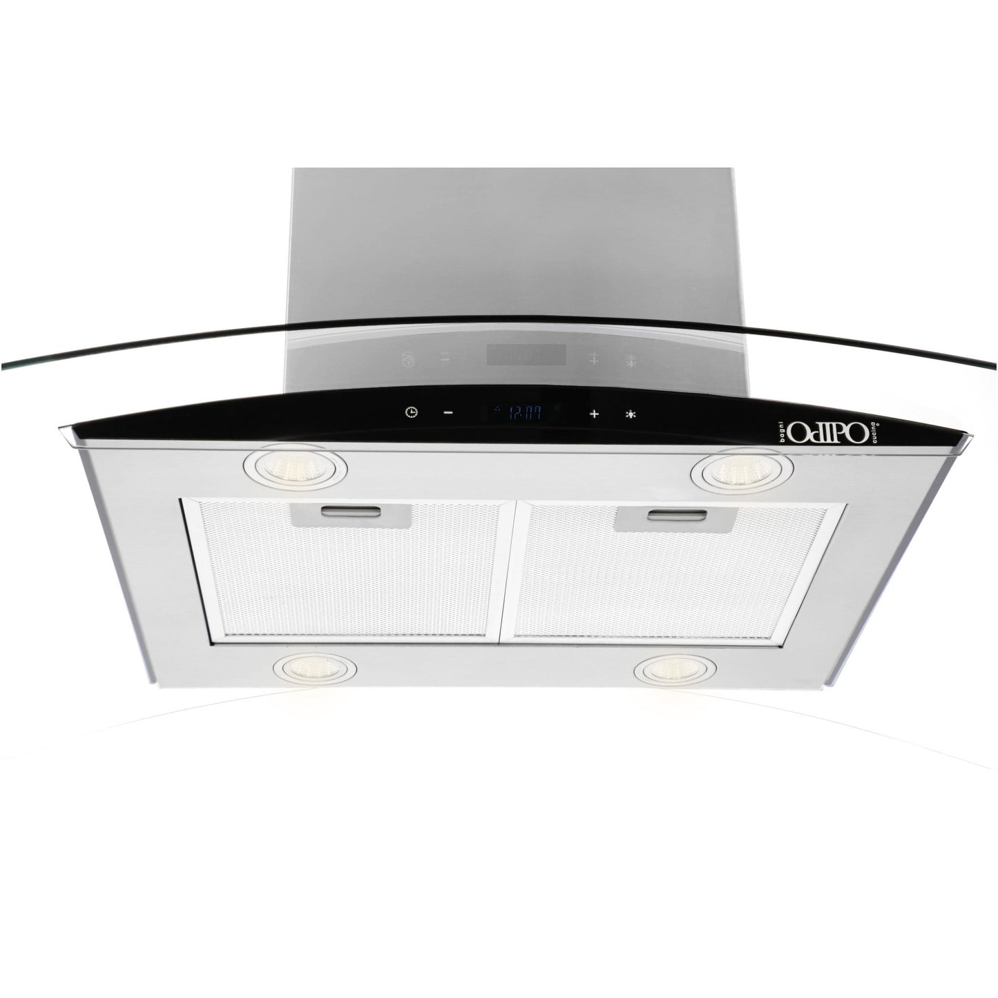 Campana de cocina de isla cristal templado curvo 90cm Ventex + Parrilla eléctrica de inducción 4 quemadores Kepler + Horno eléctrico empotrable de acero 60L E-MOTRIX