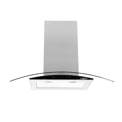 Campana de cocina de isla cristal templado curvo 90cm Ventex + Parrilla eléctrica de inducción 4 quemadores Kepler + Horno eléctrico empotrable de acero 60L E-MOTRIX