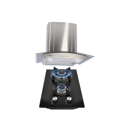 campana extractora de pared en acero inoxidable 60cm y parrilla de gas cristal templado de 2 quemadores