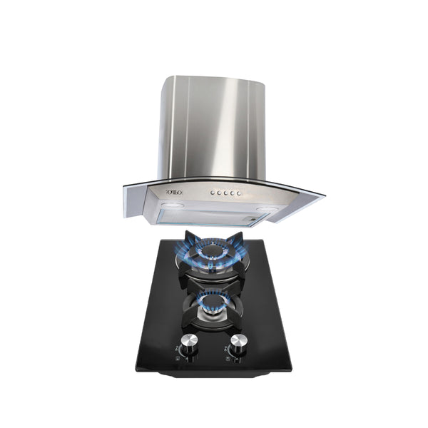 campana extractora de pared en acero inoxidable 60cm y parrilla de gas cristal templado de 2 quemadores