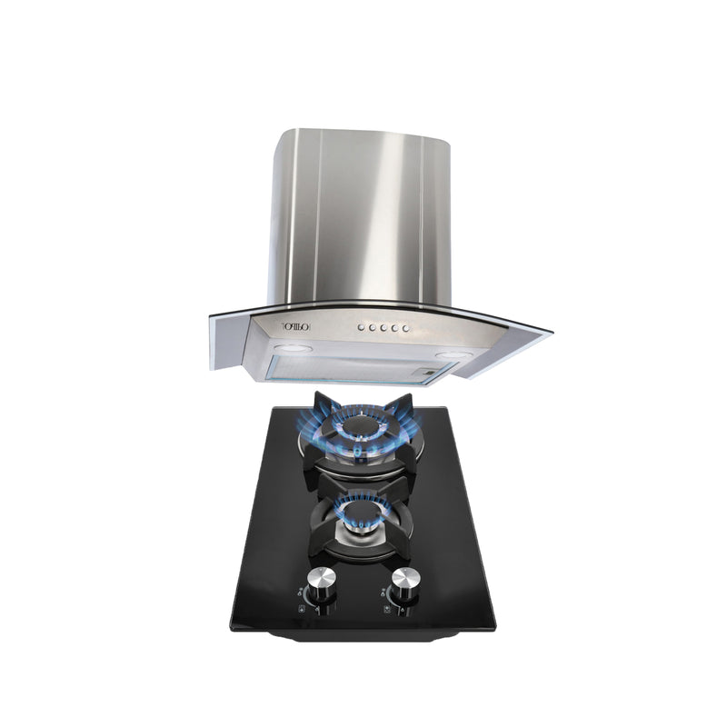 campana extractora de pared en acero inoxidable 60cm y parrilla de gas cristal templado de 2 quemadores