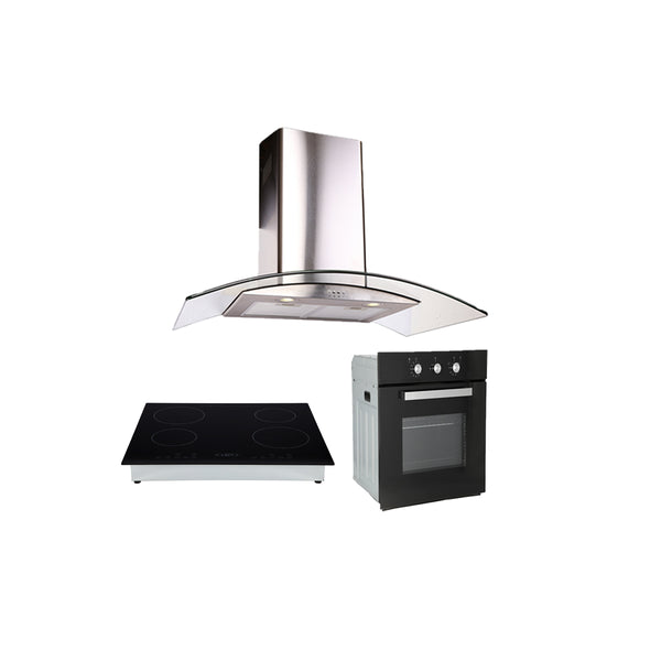 Campana extractora de acero inoxidable 90cm Mantix + Parrilla de inducción magnética Kepler + Horno de gas encendido eléctrico empotrable 60cm Motrix