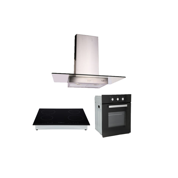 Campana extractora de acero inoxidable 90cm Telux + Parrilla de inducción magnética Kepler + Horno de gas encendido eléctrico empotrable 60cm Motrix
