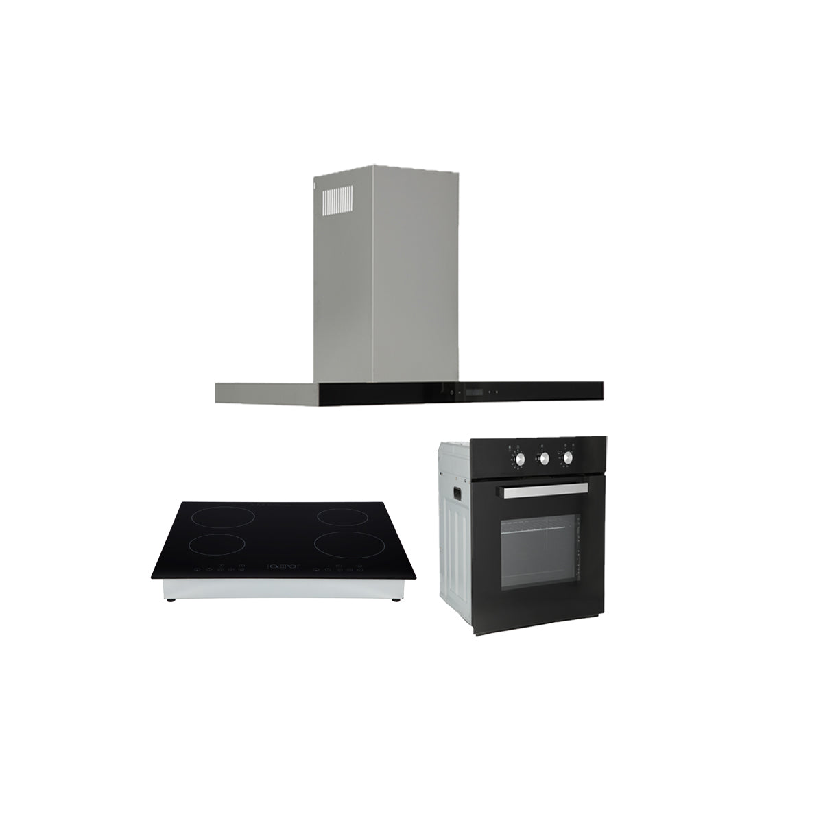 Campana de cocina tipo T de pared de acero inoxidable 90cm Temax + Parrilla eléctrica de inducción 4 quemadores Kepler + Horno de gas encendido eléctrico empotrable 60L Motrix