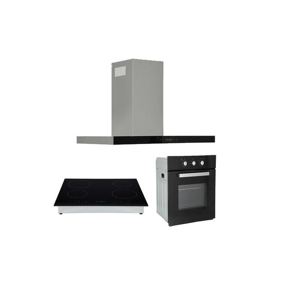 Campana extractora acero inoxidable 90cm Temax + Parrilla de inducción magnética Kepler + Horno de gas encendido eléctrico empotrable 60cm Motrix