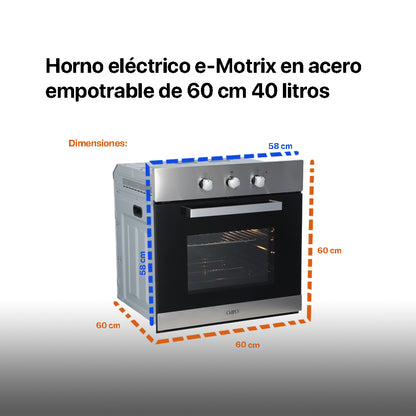 Campana de cocina de pared digital cristal curvo 60cm Marex Plus + Parrilla eléctrica de inducción 2 quemadores 30cm Kirk + Horno eléctrico empotrable 60L 127V e-Motrix acero
