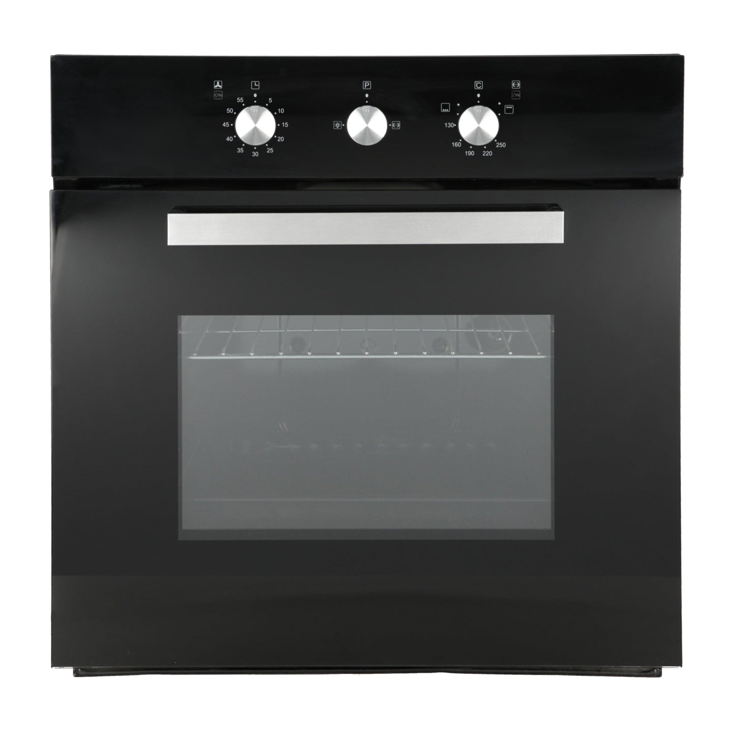 Campana de cocina de pared digital cristal curvo 85cm Matrix + Parrilla de gas 5 quemadores cristal 86cm Ceres + Horno de gas empotrable encendido electrico 65L 60cm Motrix