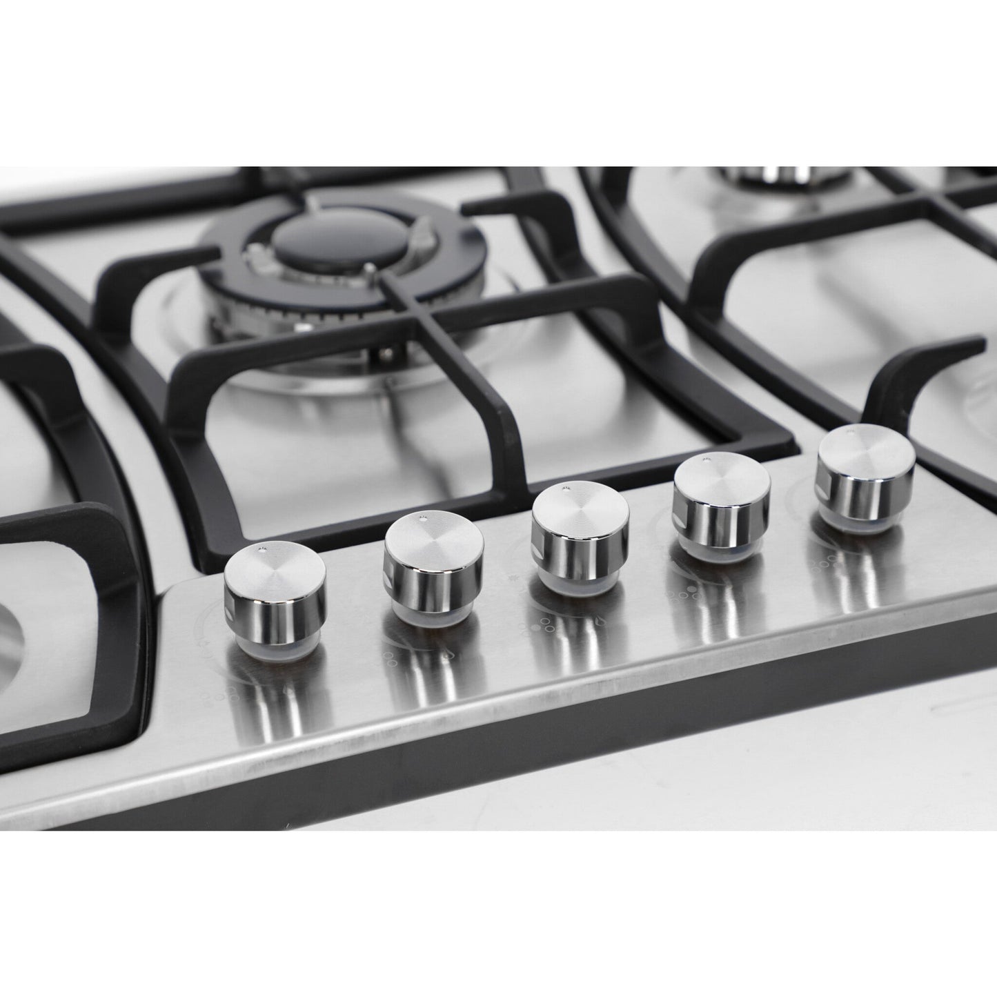 Campana de cocina de pared digital tipo T 90cm Temax + Parrilla de gas 5 quemadores acero inoxidable 76cm Vignus + Horno de gas empotrable encendido electrico 65L 60cm Motrix