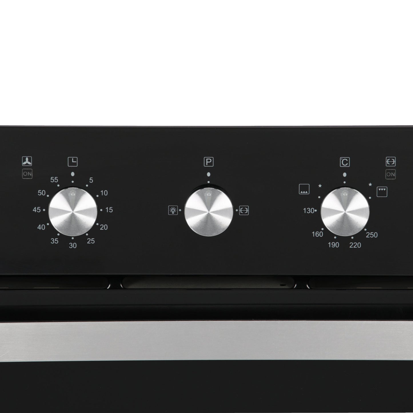 Campana de cocina de pared digital cristal curvo 85cm Matrix + Parrilla de gas 5 quemadores cristal 86cm Ceres + Horno de gas empotrable encendido electrico 65L 60cm Motrix