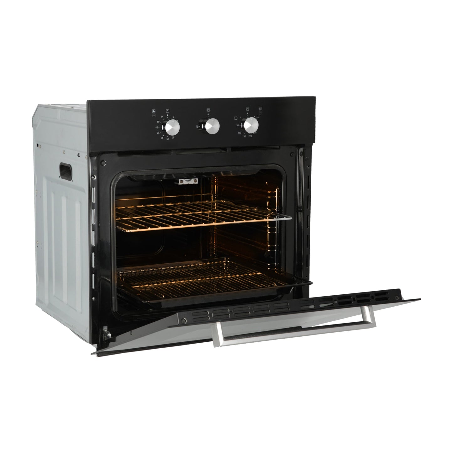Campana de cocina de pared digital cristal curvo 85cm Matrix + Parrilla de gas 5 quemadores cristal 76cm Capella + Horno de gas empotrable encendido electrico 65L 60cm Motrix