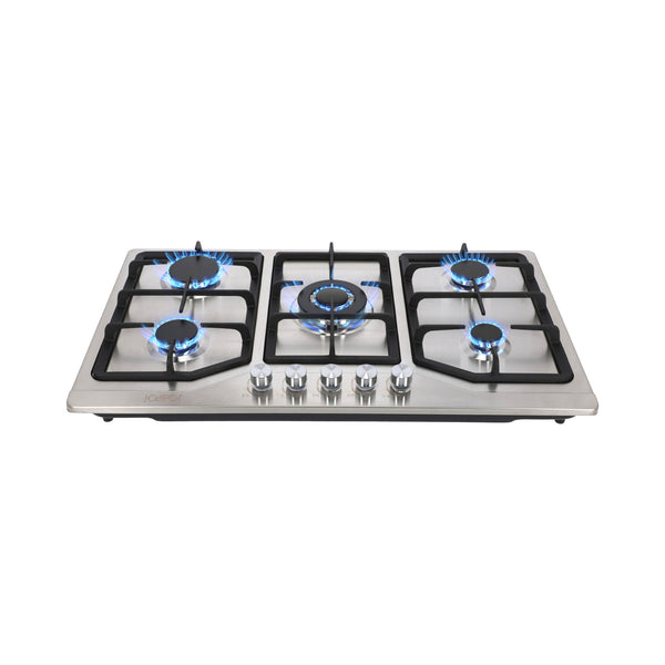 Campana extractora de isla cristal templado recto Fordex + Parrilla acero inoxidable 86cm Vesta + Horno de gas encendido eléctrico empotrable 60cm Motrix