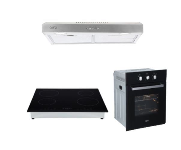 Campana de cocina de pared de acero inoxidable 50cm Thory + Parrilla eléctrica de inducción 4 quemadores Kepler + Horno de gas encendido eléctrico empotrable 60L Motrix