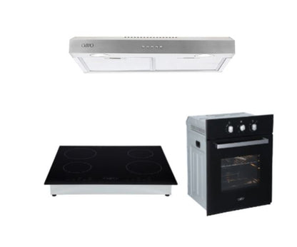 Campana de cocina de acero inoxidable 50 cm Thory + Parrilla eléctrica de inducción 4 quemadores Kepler + Horno eléctrico empotrable de cristal 60L E-MOTRIX