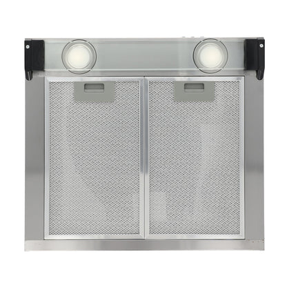 campana extractora de pared en acero inoxidable 50cm y parrilla de cristal templado de 2 quemadores