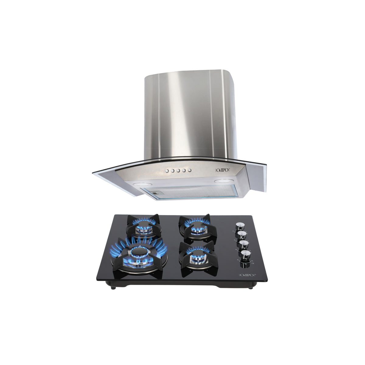 campana extractora de pared en acero inoxidable 60cm y parrilla de gas cristal templado de 4 quemadores