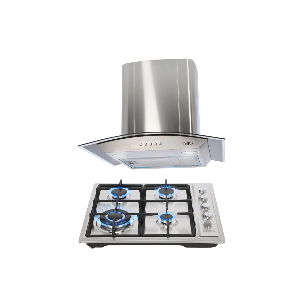 campana extractora de pared en acero inoxidable 60cm y parrilla de gas acero inoxidable de 4 quemadores
