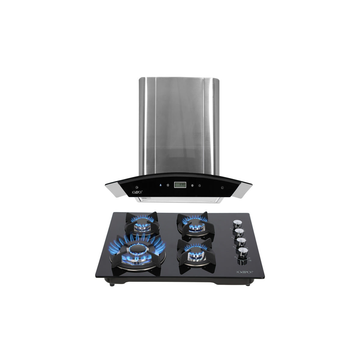 campana extractora de pared en acero inoxidable 60cm y parrilla de gas cristal templado de 4 quemadores
