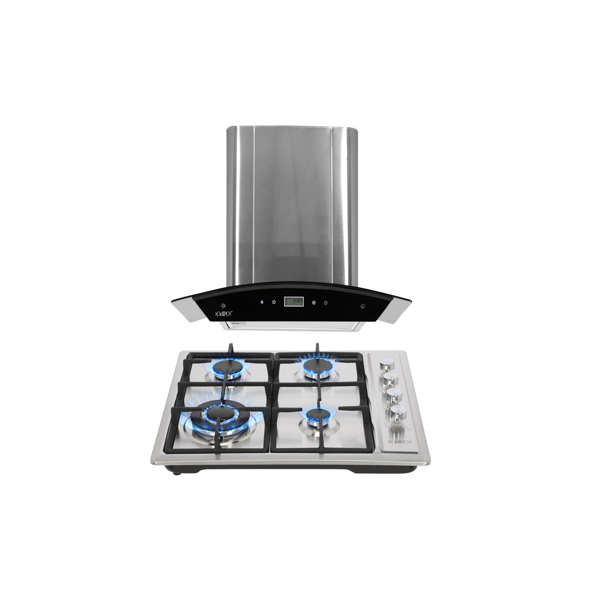 campana extractora de pared en acero inoxidable 60cm y parrilla de gas acero inoxidable de 4 quemadores